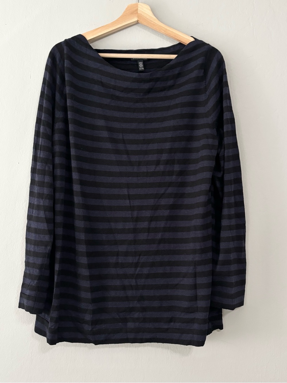 Eileen Fisher 100% Merino Wool Blue Black Striped Long Sleeve Blouse